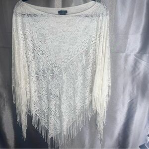 White Lace Coastal Tassel Fringe Poncho Lightweight Ocean Beach Shawl